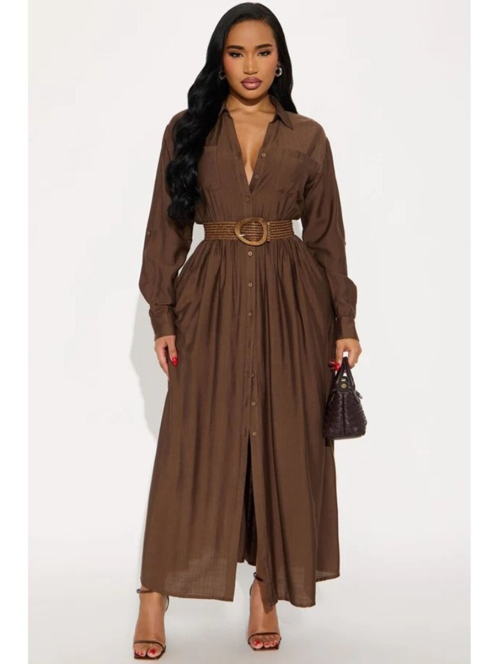 Fashion Nova Maxi Shirt Dress Plus Size 3X Brown with Belt Long Sleeve Pockets